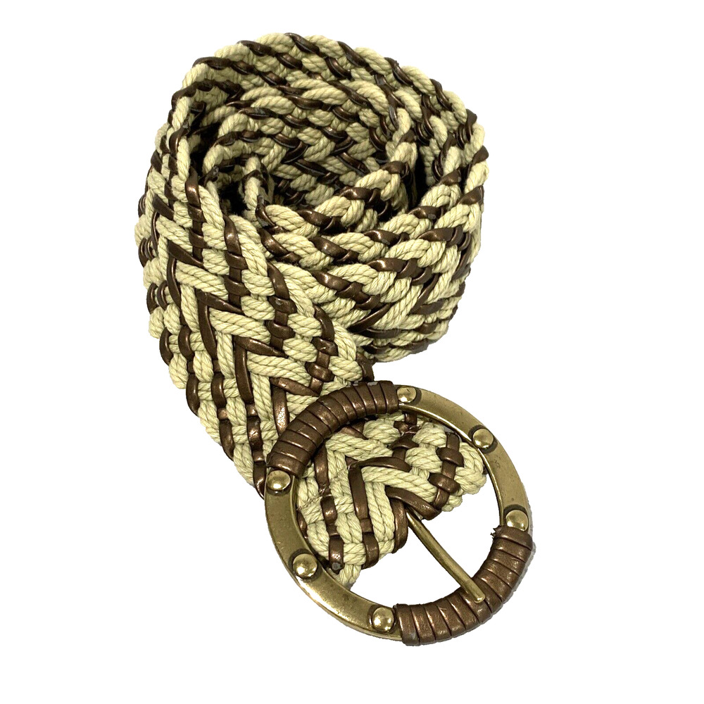 Vintage 90’s Casual Belt Bronze Wrapped Buckle Woven Braid Cotton Cord & Leather
